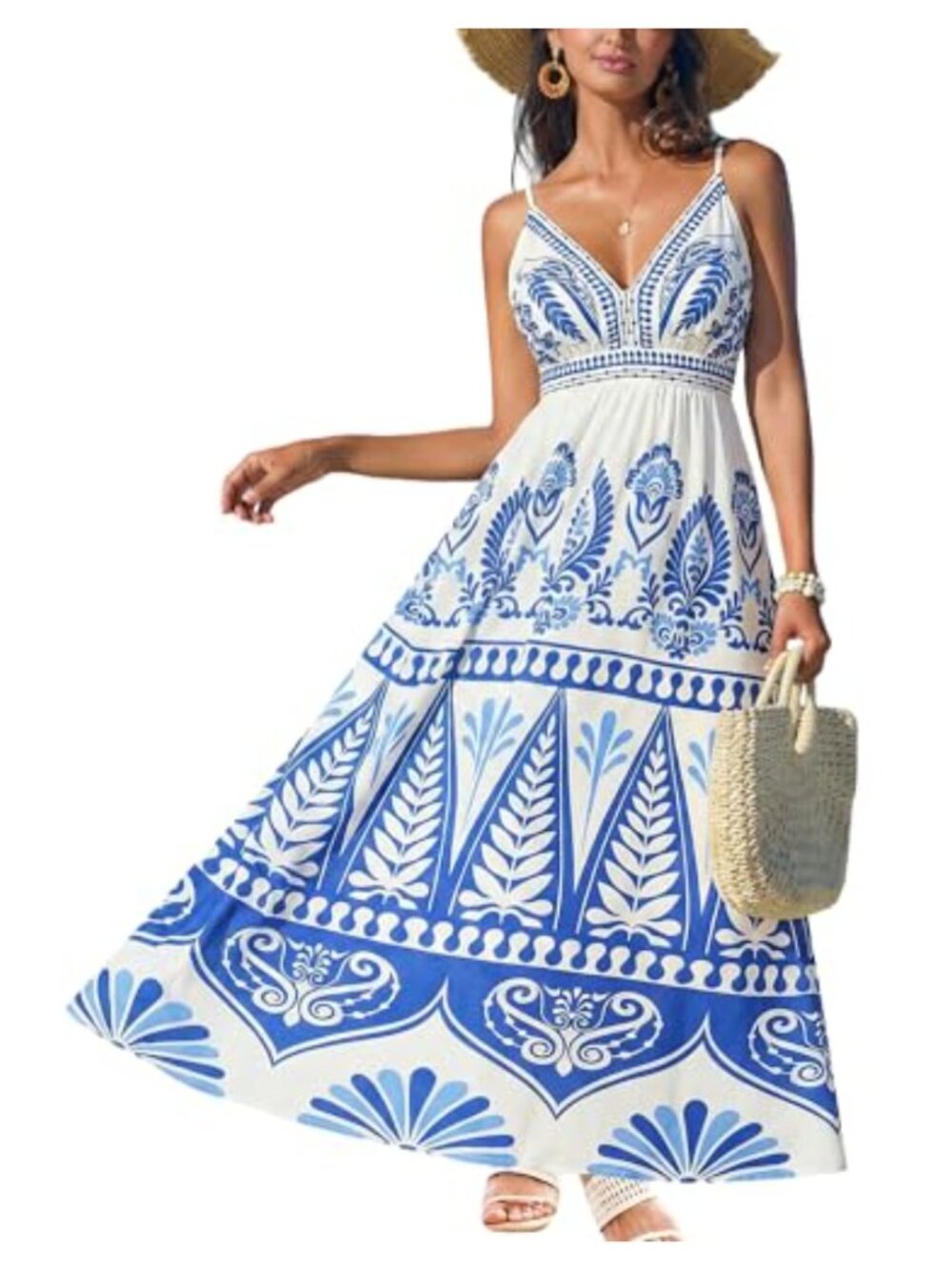 CUPSHE Women's Sleeveless Floral Maxi Dress V-Neck Smocked Back Boho Beach